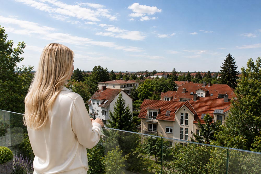 Frau mit Blick über Echterdingen vom Balkon, Vista 47